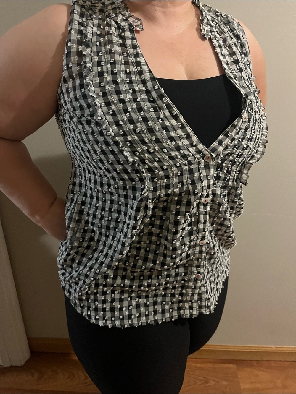 Anthropologie Black and White Gingham Ruffle Button-Front Camisole